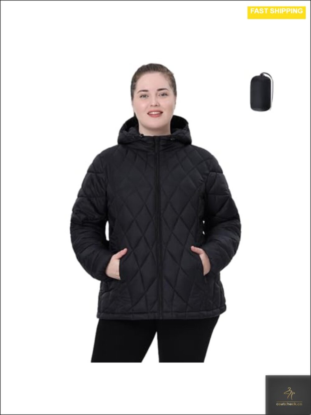 Plus Size Packable Puffer Jacket Water-Resistant Quilted Mid-Length Coat